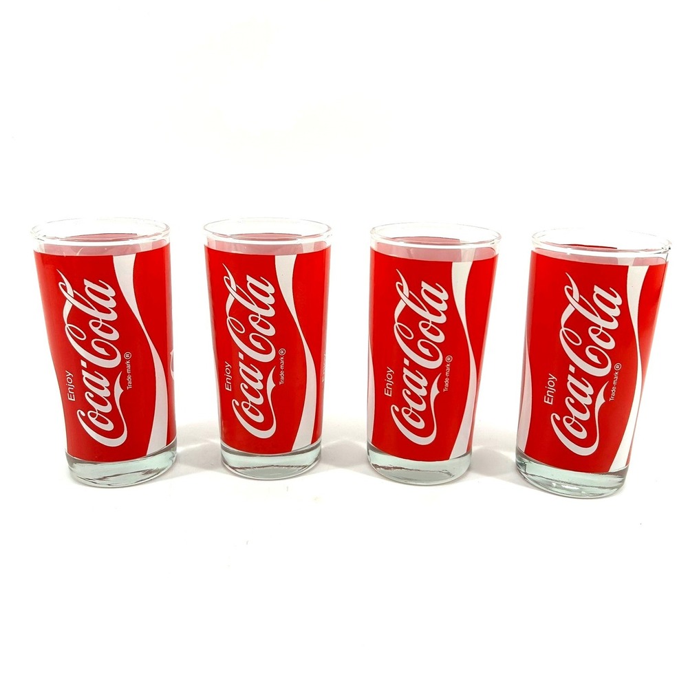 Vintage 80s Coca Cola Coke Glass Set of 4 Classic Logo Soda Memorabilia 12oz